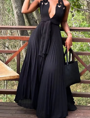 Halter Neck Chiffon Pleated Black Maxi Dress - Golden Atelier