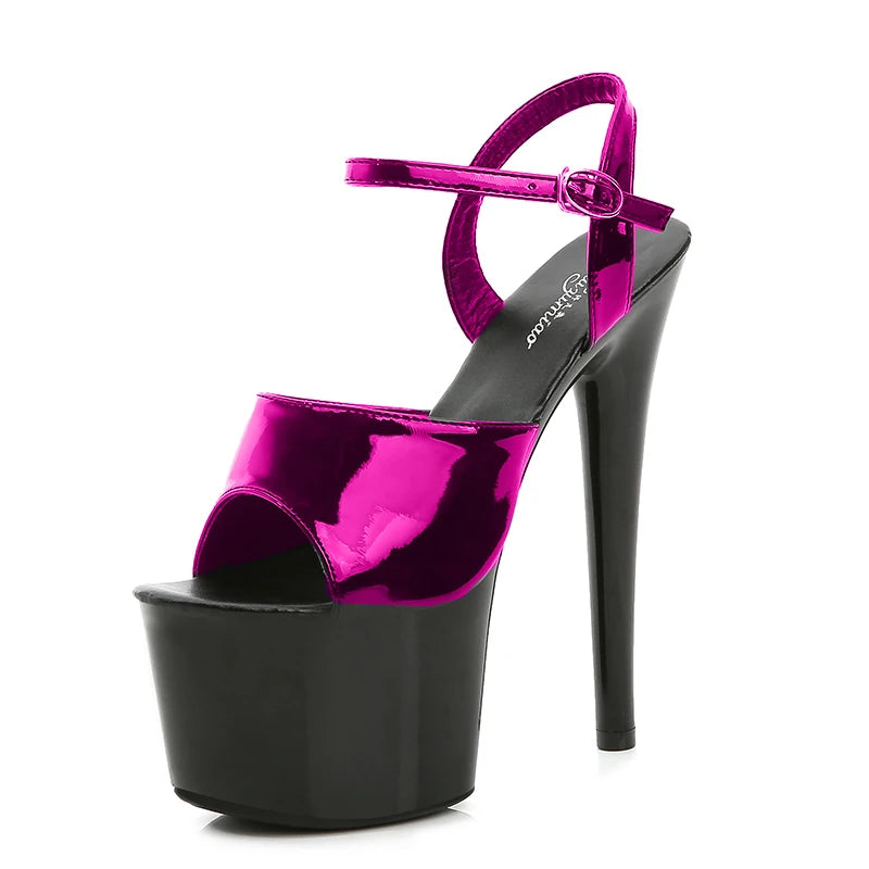 High-heeled sandal with pink metallic strap and black platform sole on a white background