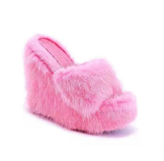 Plush Fur Platform Wedge Slippers