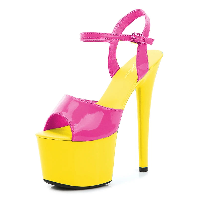 High-heeled shoe with pink and yellow design on a white background