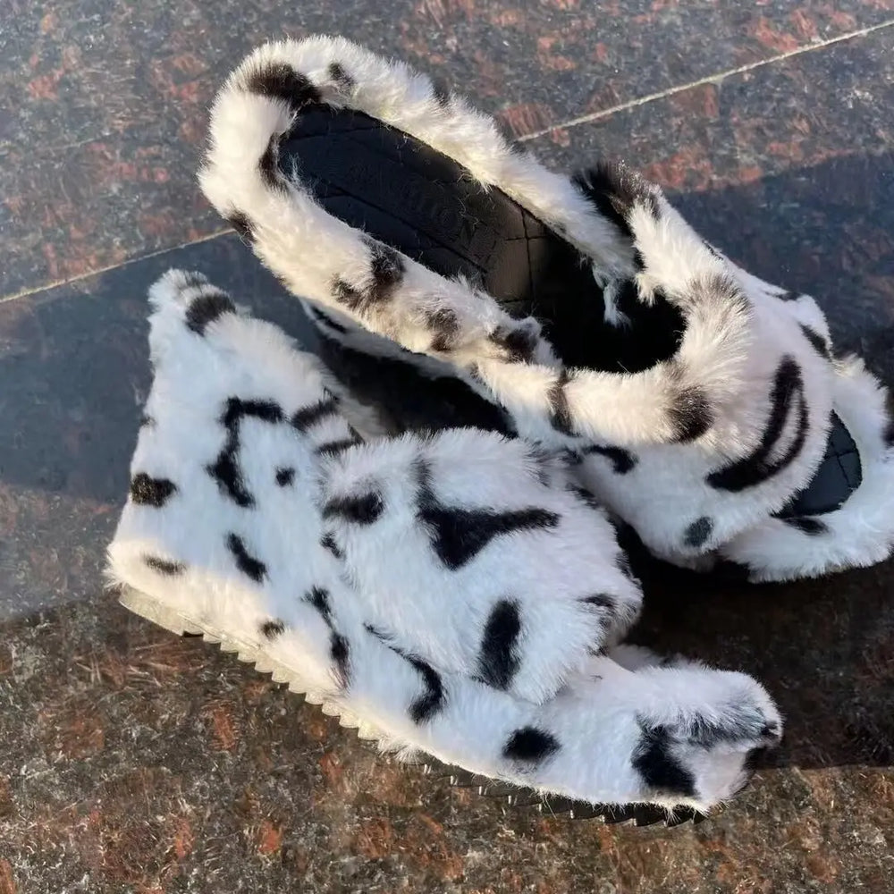 Yellow plush fur platform wedge slippers