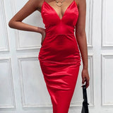 Red Satin Deep V-Neck Women Knee-Length Dress