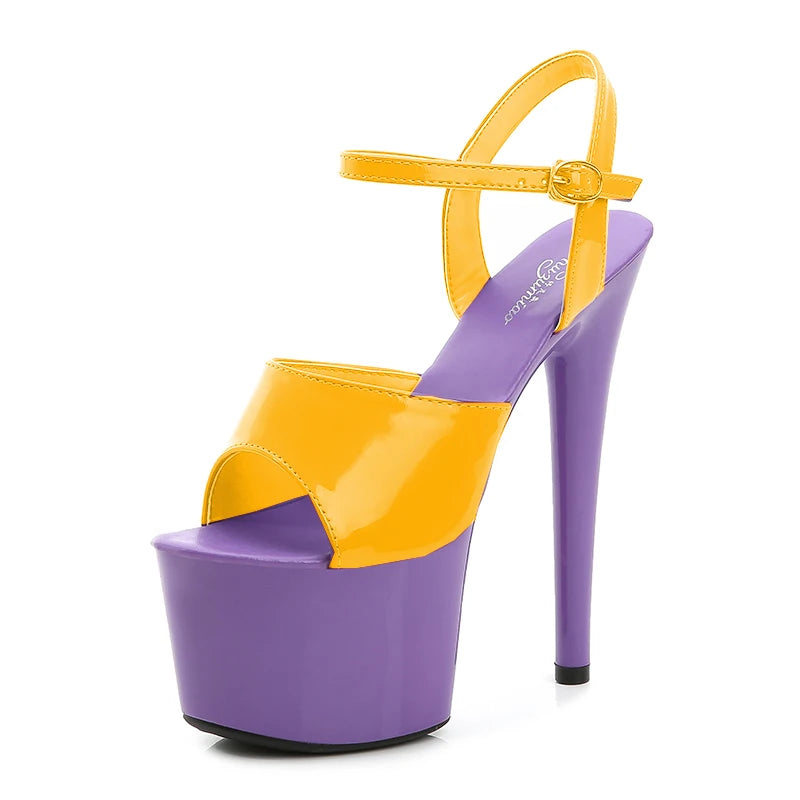 Purple and yellow high-heeled sandal on a white background