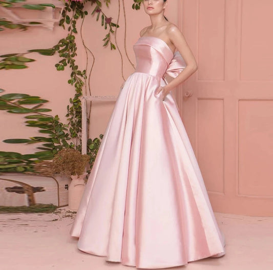 Pearls Pink Satin Strapless Big Bow Back Long Bridesmaid Prom Dress