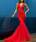 Red Tulle Train Handmade Flowers Appliques Beading Long Gowns