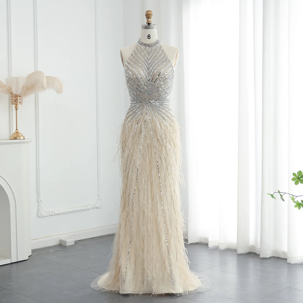 Elegant evening gown on a mannequin against a white curtain background