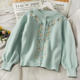  Flower Embroidery Knitted Pearl Buttons O-neck Long Sleeve Sweater