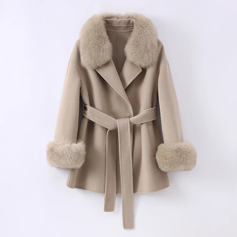 Beige coat with fur trim