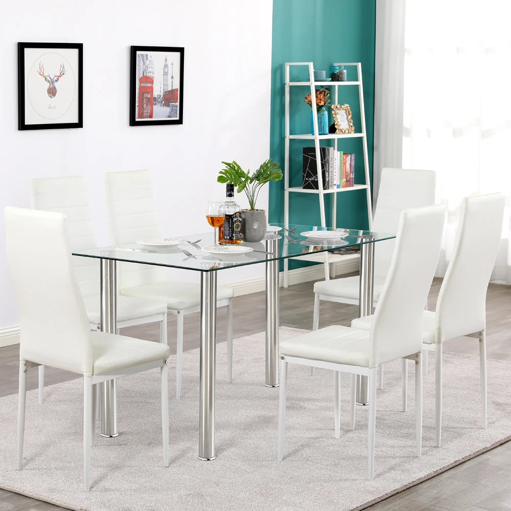 Transparent Glass Iron Dining Table and High Backrest Chairs
