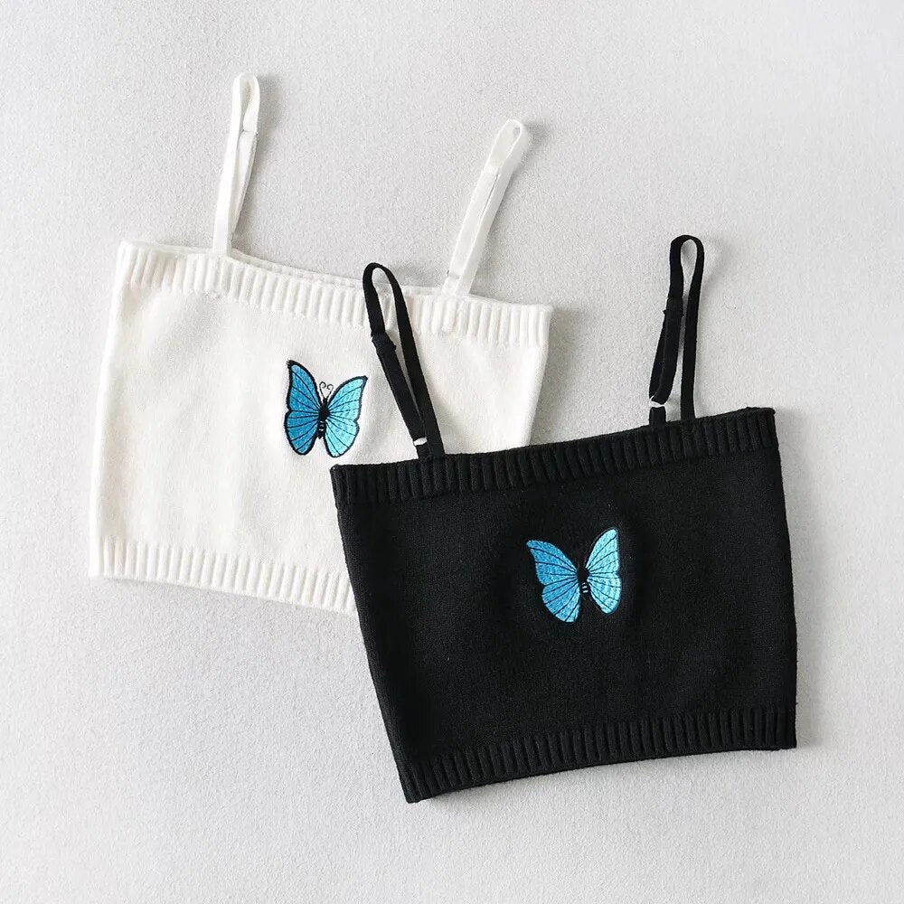 Embroidery Butterfly Camisole Single-breasted Button Knitted Sweater