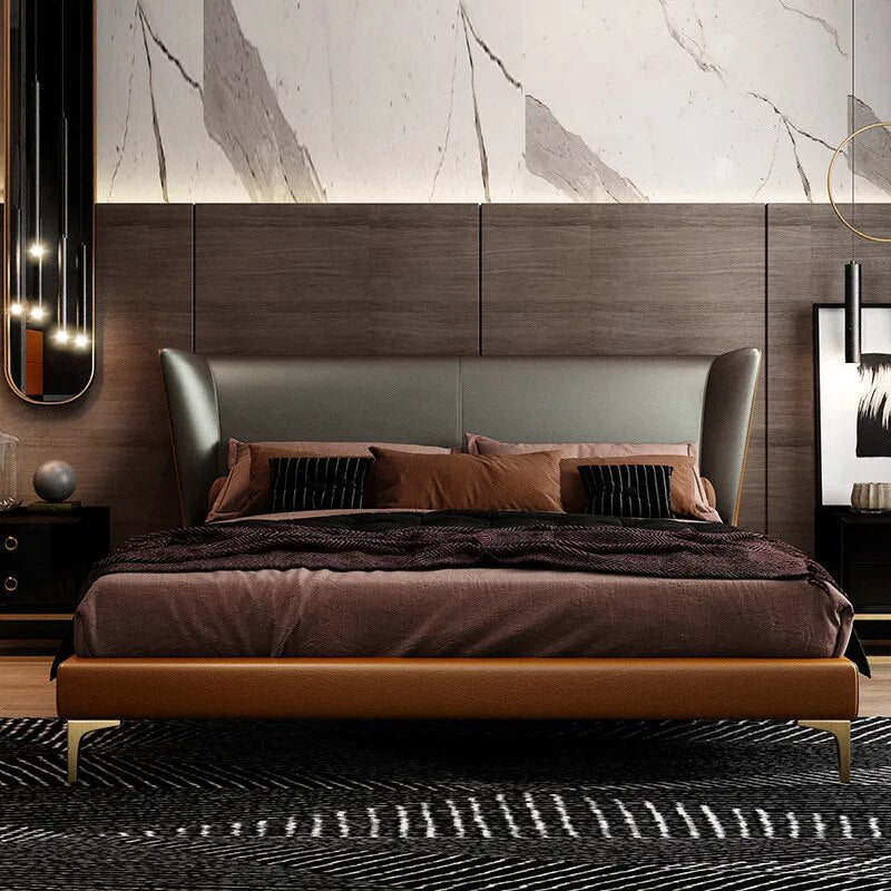 Leather Bed 1.51.8 M  Simple Solid Wood High-End Queen size Bed