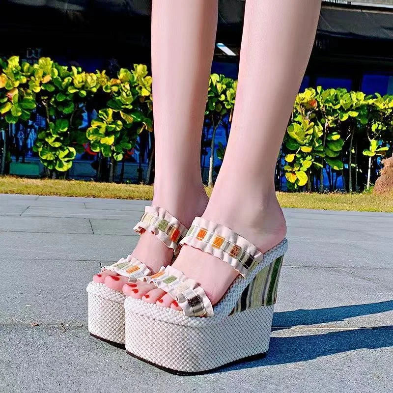 Leather Lace Outer Thick Wedge Heeled Sandals