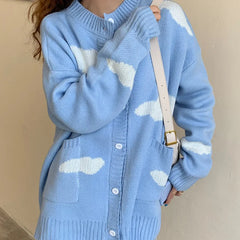 Print Clouds O Neck Long Sleeve Knitted Blue Cardigan