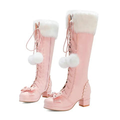 Fur Lace Up Bowtie Chunky Heel Side Zipper High Boots