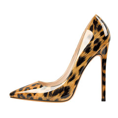 Pointed toe patent leopard print stiletto heels on white background