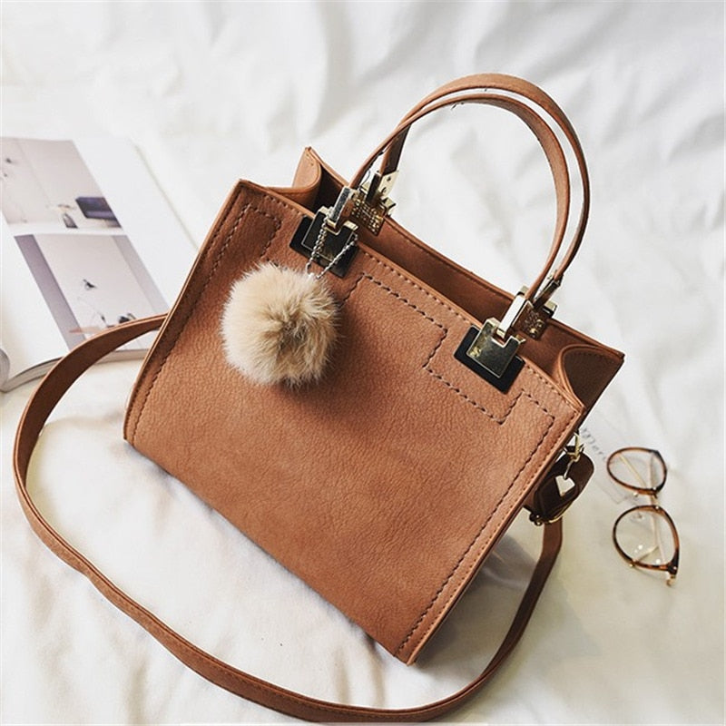 Women Tote Bag Large Suede Leather Handbag With Fur Ball