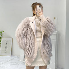 Thick Fur Hooded Stripe Sewed Knitted Women Jacket 