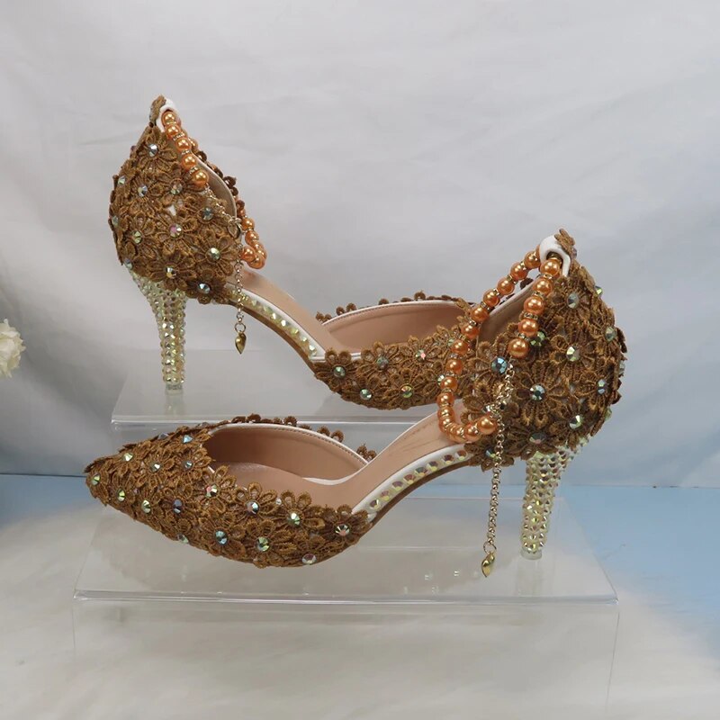 Lace Flower Pearl Ankle Strap Shoe with Matching Purse