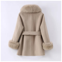 Beige coat with fur trim- back