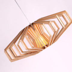 Close-up of the chandelier, showcasing the natural wood grain and minimalist design. Golden Atelier 4