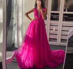 Tulle Deep V Neck Floor Length Open Back Long Evening Gown