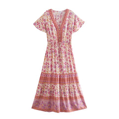 Printed V-Neck Butterfly Sleeve Tiered Midi Dress