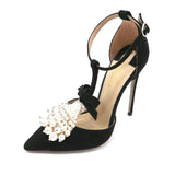 Black suede Pearl T strap open in the middle High Heel Shoes