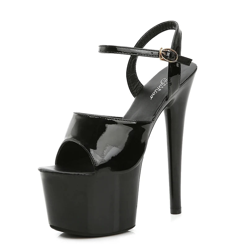 Black high-heeled platform sandal on a white background
