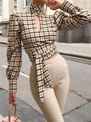 Turtleneck Plaid Printed Long Sleeve Lace up Blouse