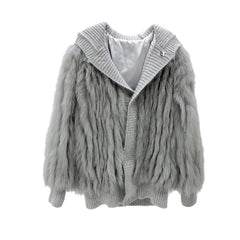 Thick Fur Hooded Stripe Sewed Knitted Women Jacket 