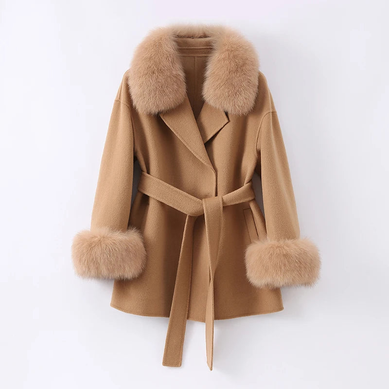 Tan coat with fur trim on a white background
