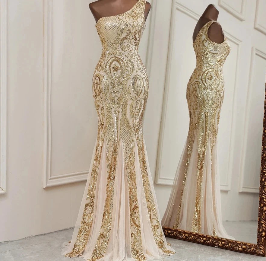 Gold Mermaid One Shoulder Prom Dresses for Women