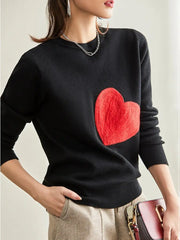 Knit Embroidery Red Heart O-Neck Pullover - Golden Atelier