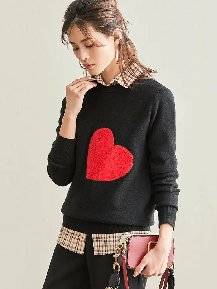 Knit Embroidery Red Heart O-Neck Pullover - Golden Atelier