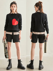 Knit Embroidery Red Heart O-Neck Pullover - Golden Atelier