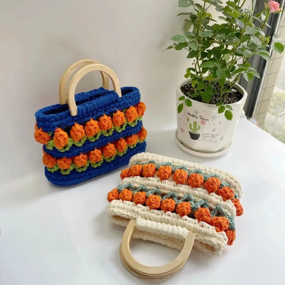 Knitted Woven Daisy Wood Handle Handbags - Golden Atelier