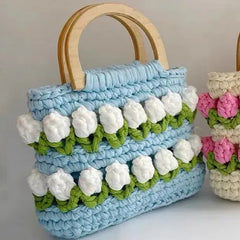 Knitted Woven Daisy Wood Handle Handbags - Golden Atelier