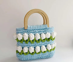 Knitted Woven Daisy Wood Handle Handbags - Golden Atelier