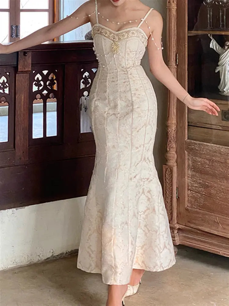 Lace Embroidery Sleeveless Beige Maxi Dress For Women - Golden Atelier