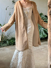 Lace Embroidery Sleeveless Beige Maxi Dress For Women - Golden Atelier