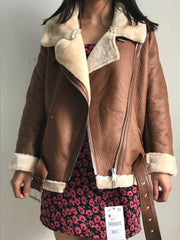 PU Leather Furry Jacket with Belt - Golden Atelier