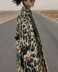 Leopard Print Faux Fur Women Long Trench Coat - Golden Atelier