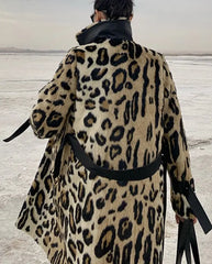 Leopard Print Faux Fur Women Long Trench Coat - Golden Atelier