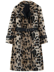 Leopard Print Faux Fur Women Long Trench Coat - Golden Atelier