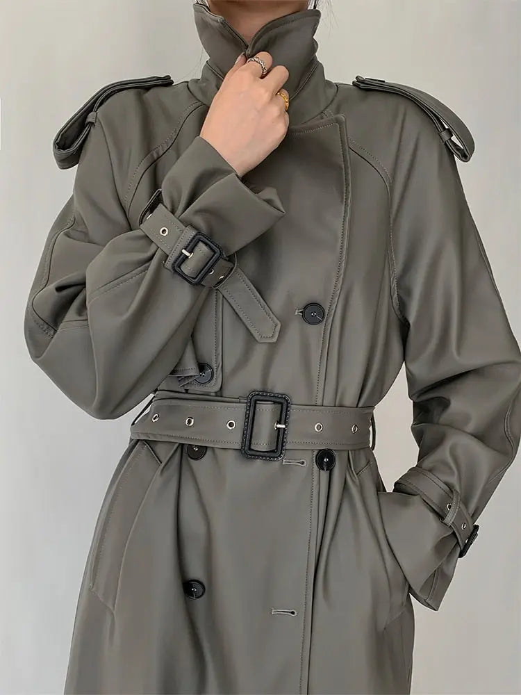 Long Grey Pu Leather Trench Coat - Golden Atelier