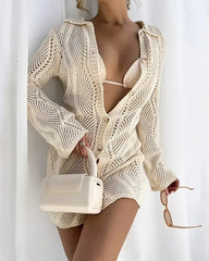 Long Sleeve Hollow Out Knitted Cardigan Dress For Women - Golden Atelier