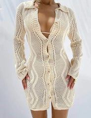 Long Sleeve Hollow Out Knitted Cardigan Dress For Women - Golden Atelier