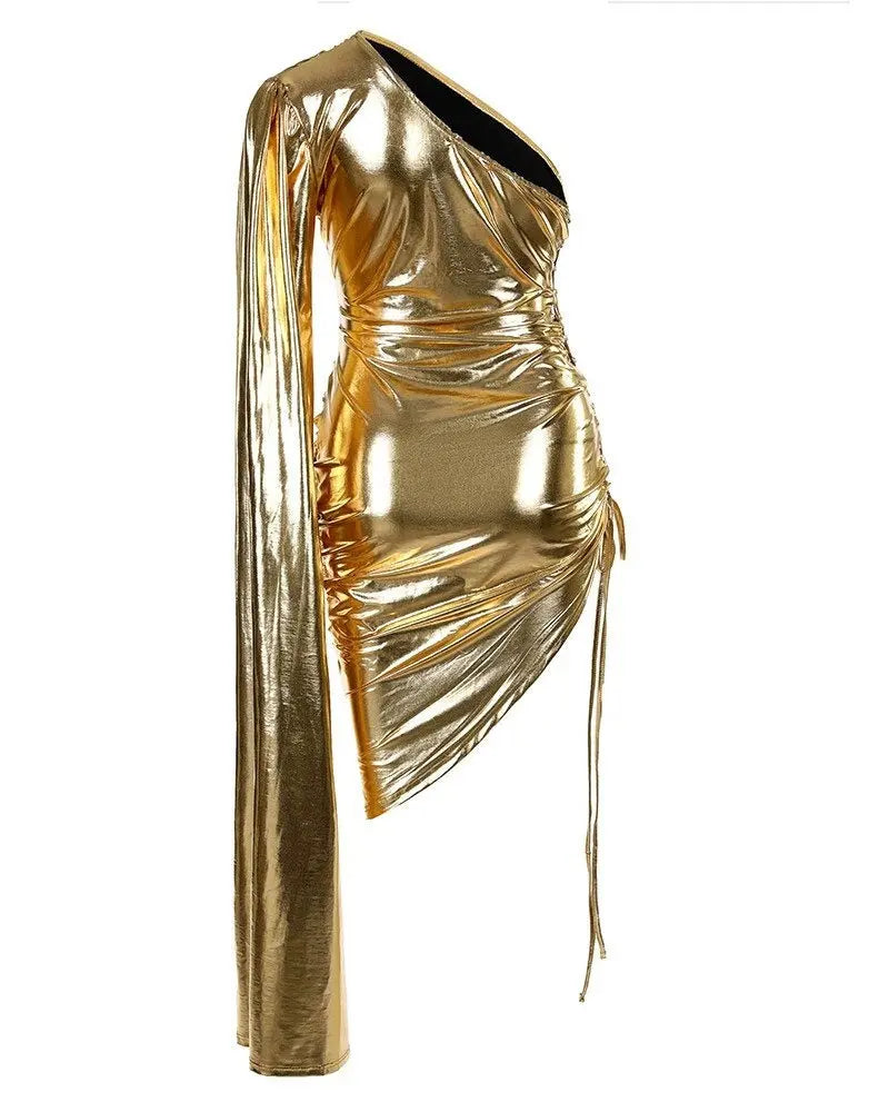 Metallic One Shoulder Cloak Sleeve Midi Dress - Golden Atelier