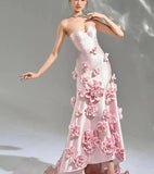 Pink Satin Strapless Embroidered Flower Gown Dress