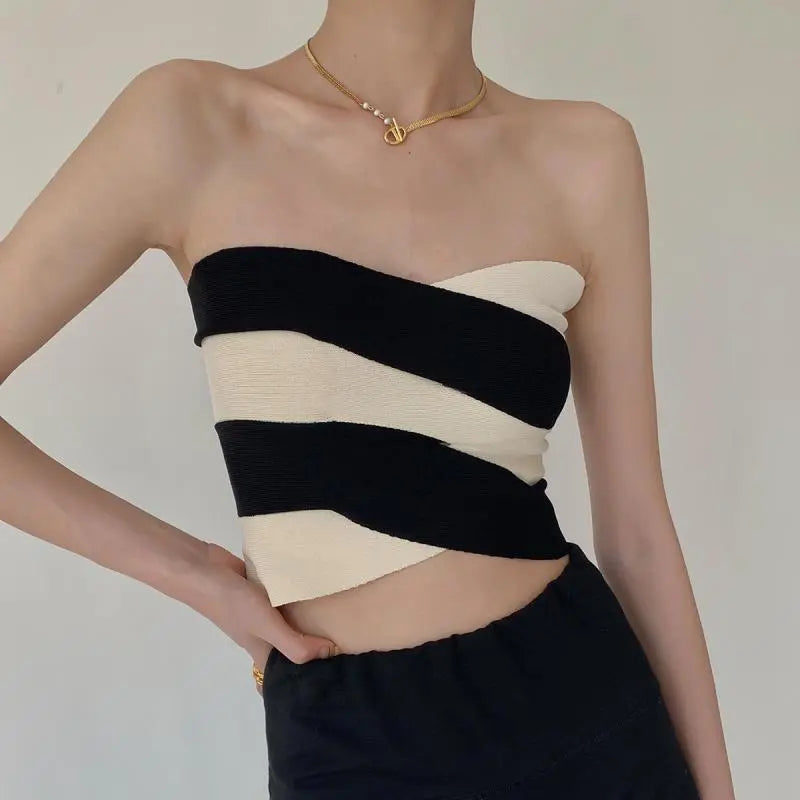 Patchwork Tube Crop Top For Women - Golden Atelier